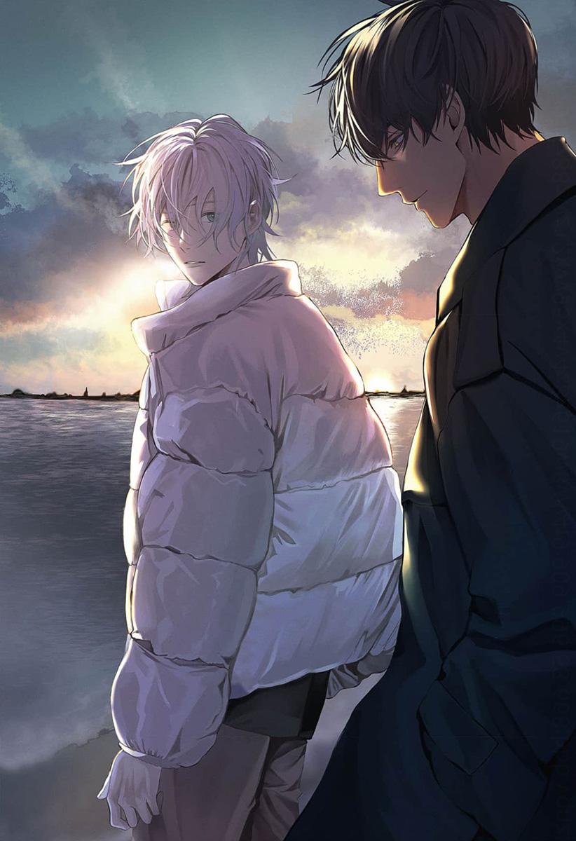 two boys stand by the water at sunset. the boy on the left has white hair and is wearing a white puffer jacket, while the boy on the right has dark hair and is wearing a dark coat. the lighting is warm and natural, and the overall atmosphere is peaceful and serene.