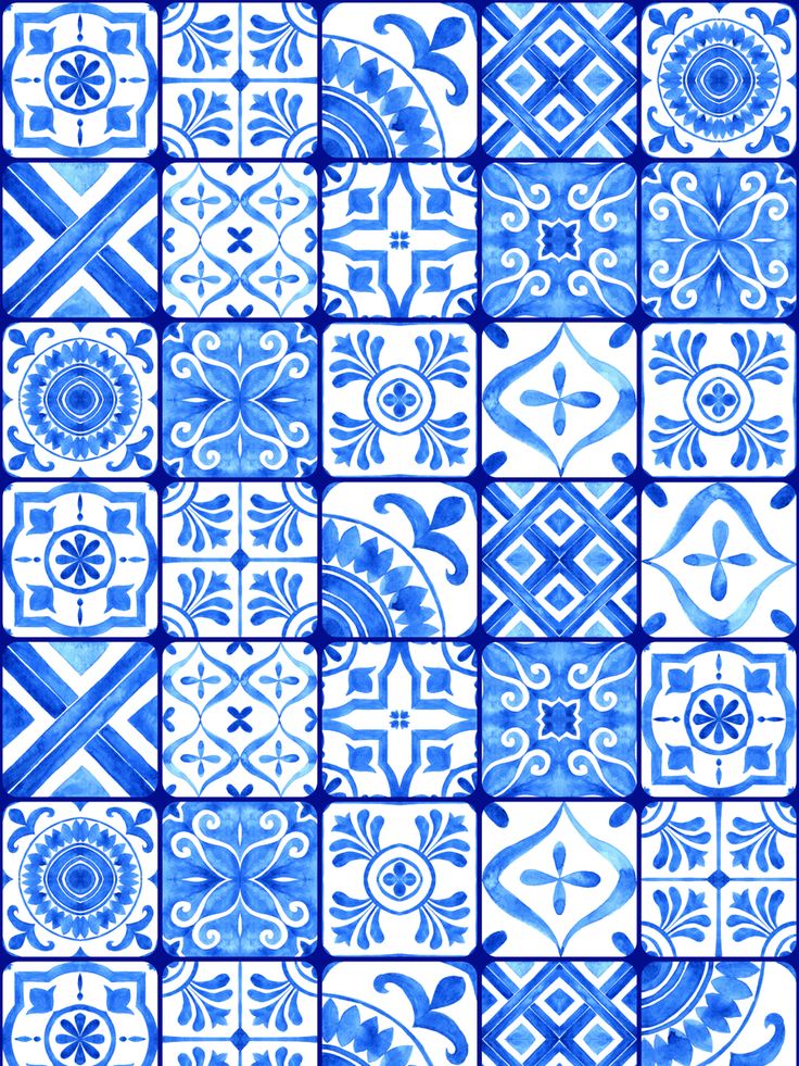 the image is a repeating pattern of square tiles, each featuring a unique geometric or floral design in blue on a white background. the style resembles traditional portuguese azulejo tiles, painted in a watercolor style.