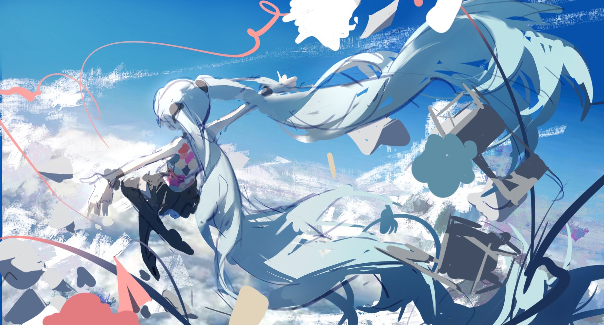 the image is a vibrant and dynamic digital painting or illustration featuring hatsune miku, a popular japanese virtual singer. she is depicted with long, flowing blue hair that seems to merge with the abstract background. miku is shown midair, giving the impression of floating or flying amongst the clouds in a bright blue sky. the style is highly stylized and abstract, with loose brushstrokes and splashes of color creating a sense of movement and energy.  the overall feel is light, airy, and whimsical, suggestive of freedom and a dreamy atmosphere. the background is a mix of abstract shapes and brushstrokes in various shades of blue, white, and other pastel tones, enhancing the ethereal and fantastical quality of the artwork.