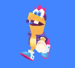 a cartoon character of a bird with yellow body and purple jacket is running from left to right against a solid blue background.