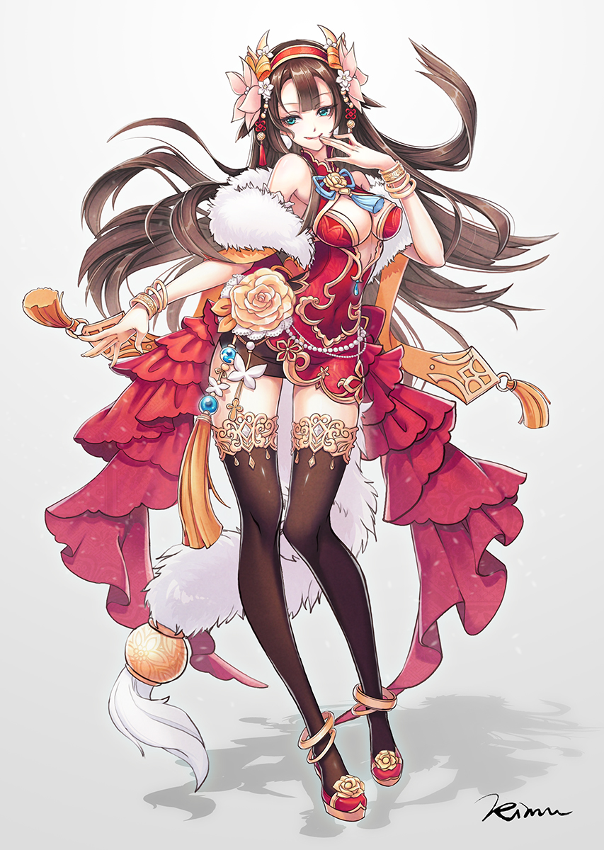 an anime girl dressed in a red and gold chinesestyle dress with white fur and flowers, holding a gold tassel, with long brown hair and stockings, she is smiling and looking at the viewer. the background is white.