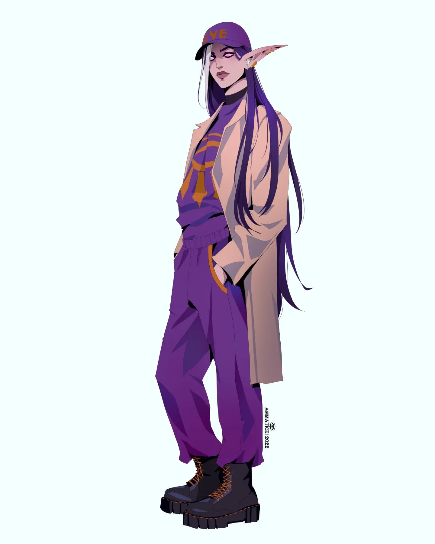 the image is a digital illustration of a stylized female elf character. she is depicted in a contemporary streetwear style, wearing a purple tracksuit with an oversized beige coat, a baseball cap, and doc martensstyle boots. her long purple hair contrasts with the light skin tone. the art style is sharp and geometric, with flat colors creating a visually striking image. the overall mood suggests a blend of fantasy and modern fashion.  the character exudes a confident and slightly aloof demeanor. the artist's signature is subtly placed near the bottom.