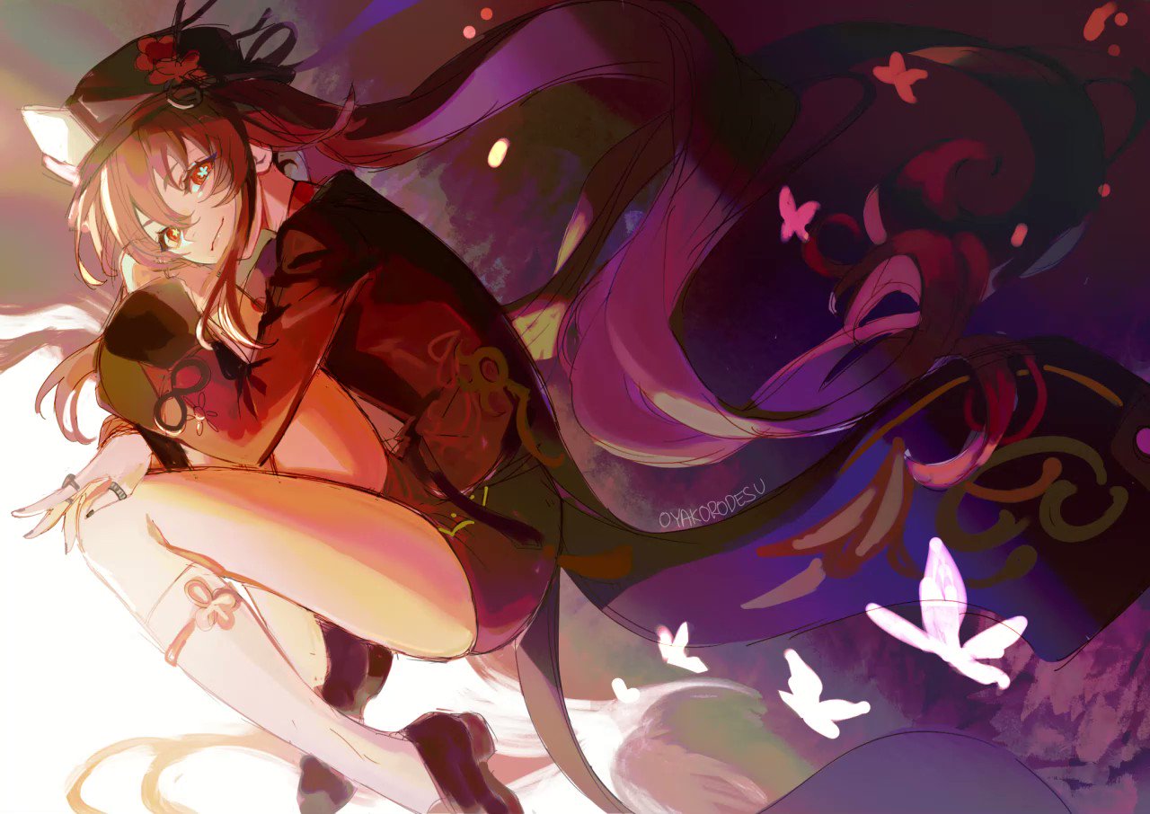 the image is a digital illustration of an anime girl with long purple hair. she is wearing a red and black outfit with white accents and is sitting with her legs curled up. there are butterflies flying around her and the background is a soft purple and yellow color. the image has a dreamy, whimsical feel and the colors are very vibrant and beautiful.