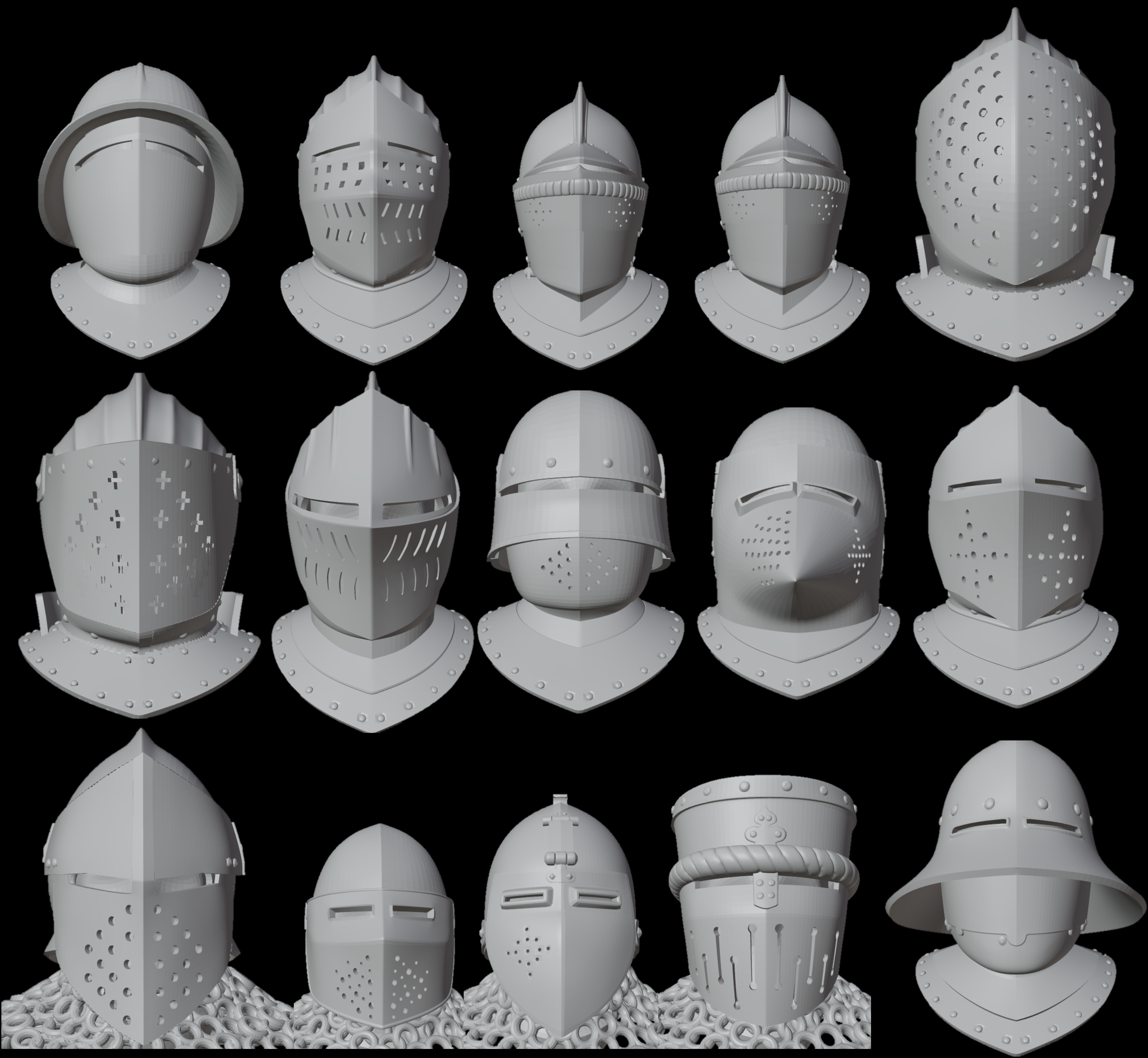 the image shows a collection of 15 distinct medieval helmets, each rendered in a uniform gray material, possibly plaster or 3d printed plastic. they represent various styles and periods within the medieval era, showcasing different designs for visors, breaths, and overall head protection.  they are arranged in three rows of five helmets each against a stark black background. the consistent lighting and frontfacing perspective highlight the unique details and craftsmanship of each helmet.