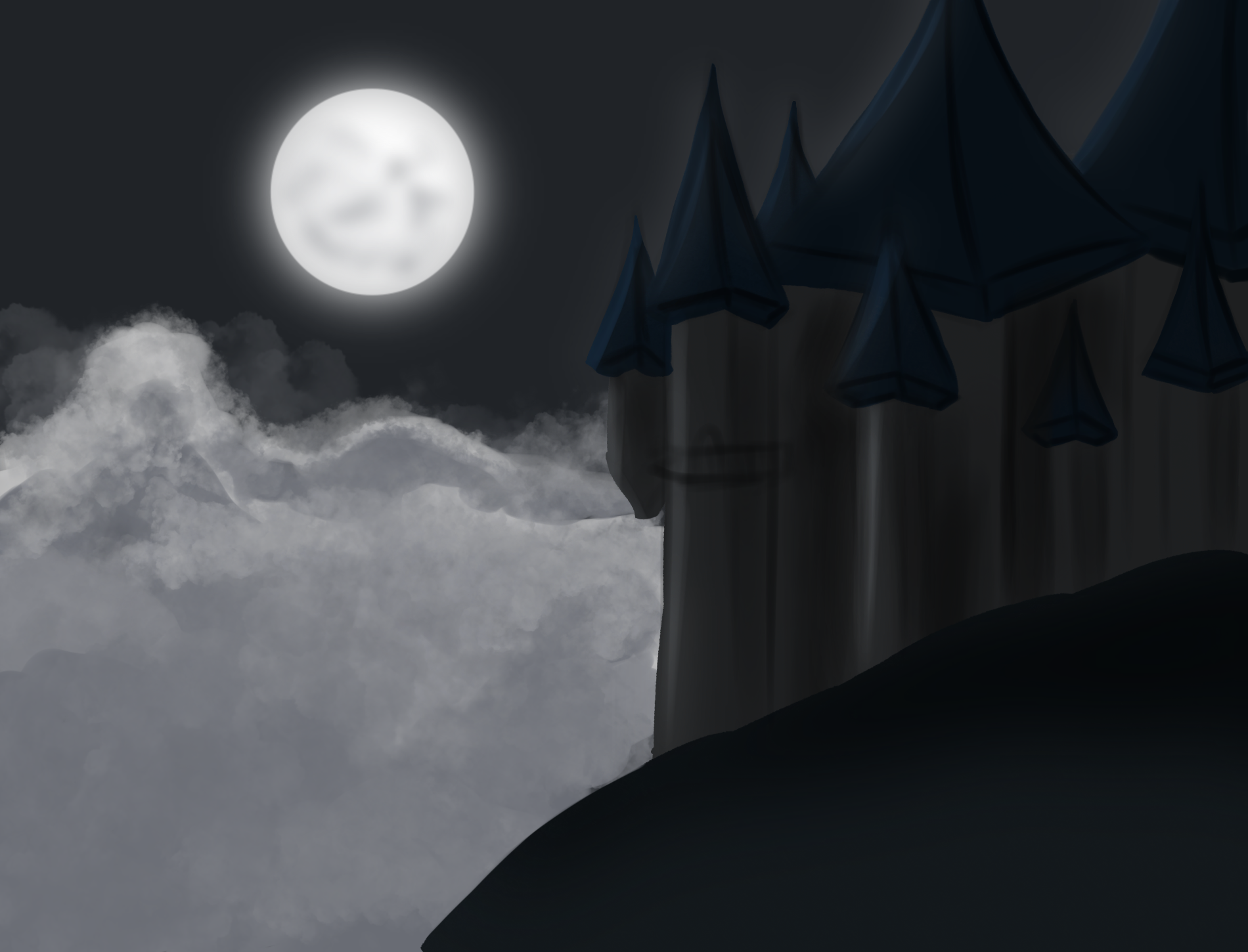 the image is a digital painting depicting a dark, mysterious castle perched atop a mountain shrouded in clouds under a full moon. the castle has tall, pointed blue towers against a grey stone body, creating a gothic and fantasylike aesthetic. the overall mood is ominous and slightly eerie, enhanced by the dark night, foggy clouds, and the castle's isolated location.  the moon provides a significant light source, highlighting the clouds and slightly illuminating the castle's silhouette. the artwork uses a muted color palette of dark grays, blues, and whites, contributing to its somber atmosphere.