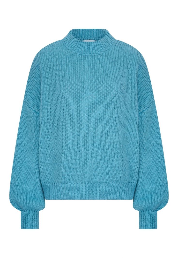 a blue knitted sweater with ribbed texture and long sleeves.