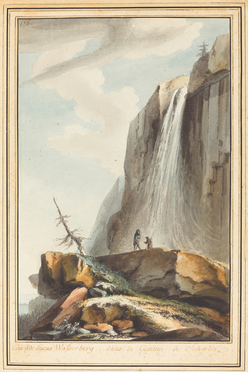 the image is a vintage watercolor painting featuring a cascading waterfall as the focal point. the waterfall descends from a towering mountain with distinct rocky formations, appearing almost like columns. at the base of the waterfall, on a rocky ledge, stand two small figures, possibly people observing the scene. the foreground shows rugged terrain with large rocks, patches of green vegetation, and a bare tree with sparse branches. the sky is a light blue with scattered clouds. the overall style suggests an 18th or 19thcentury artistic rendering of a natural landscape. the title "cascate de sous wasserberg dans le canton de schwytz" is written along the bottom, indicating the location as the wasserberg waterfall in the canton of schwyz.