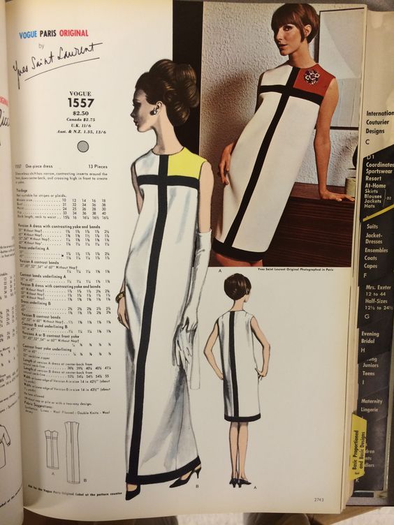 image of a vintage vogue paris original sewing pattern by yves saint laurent, pattern number 1557. the pattern features a onepiece dress with contrasting yokes and bands. the image shows models wearing variations of the dress, and a pattern diagram. the pattern book page also includes related categories such as international couturier designs, sportswear, resort wear, suits, dresses, evening wear, and maternity wear.