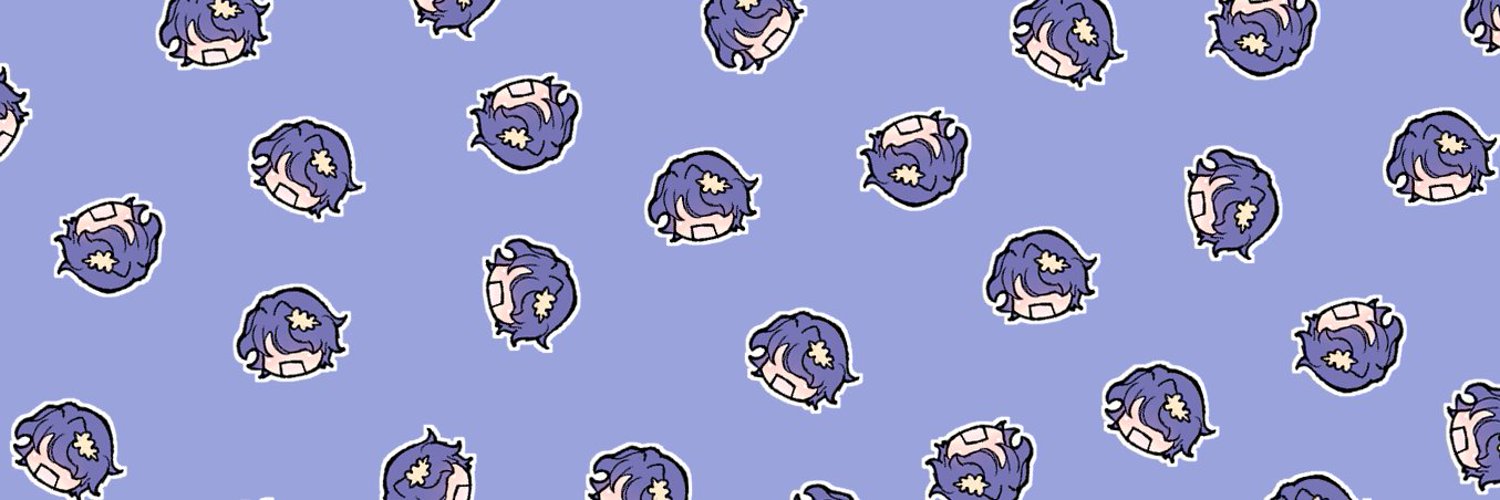 he image is a seamless pattern featuring a repeating design of cute chibistyle anime characters.  each character has purple hair with small, lightcolored floral details, a simple facial expression, and is enclosed in a white outline. the characters are scattered across a light purple background. the overall style is kawaii and playful.