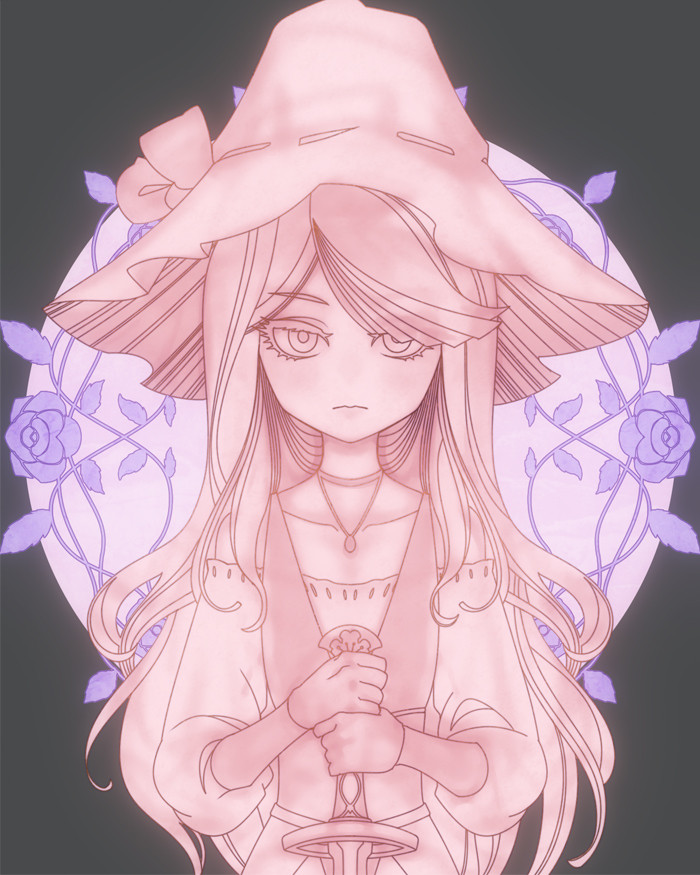 a digitally drawn, fantasy illustration of an anime girl with long white hair, wearing a pink hat and white dress, holding a sword. her face is soft and her eyes are looking down. there are purple roses and vines around her, creating a whimsical and magical vibe.