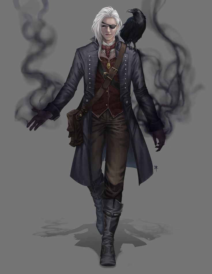 this artwork depicts a male character with white hair wearing a dark gray cloak, brown trousers, a  red waistcoat, a black eyepatch, and a black fedora hat. he has a black raven perched on his shoulder. he is standing on a light gray background with black shadows in the background.  the artwork is in a dark and gothic style, with a sense of mystery and intrigue.
