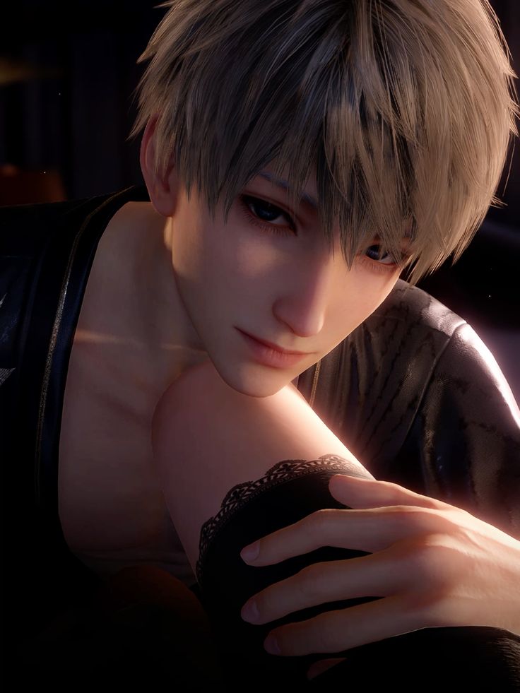 an anime boy with white hair and black clothes is looking down with a soft expression. he has his hand on the arm of another person, and his face is full of love and affection. the lighting is dark and the overall atmosphere is romantic and melancholic. the boy looks sad and vulnerable, but also deeply in love.