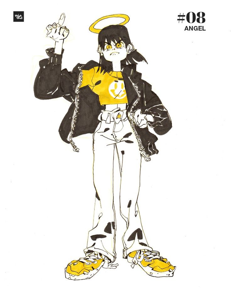 this is a handdrawn illustration of a female character with a halo, looking rebellious and sassy, wearing a leather jacket, jeans, and sneakers. the character is drawn in a stylized, almost animeesque style, with black ink and yellow accents. the background is white. the character appears to be making a rude gesture with one hand.