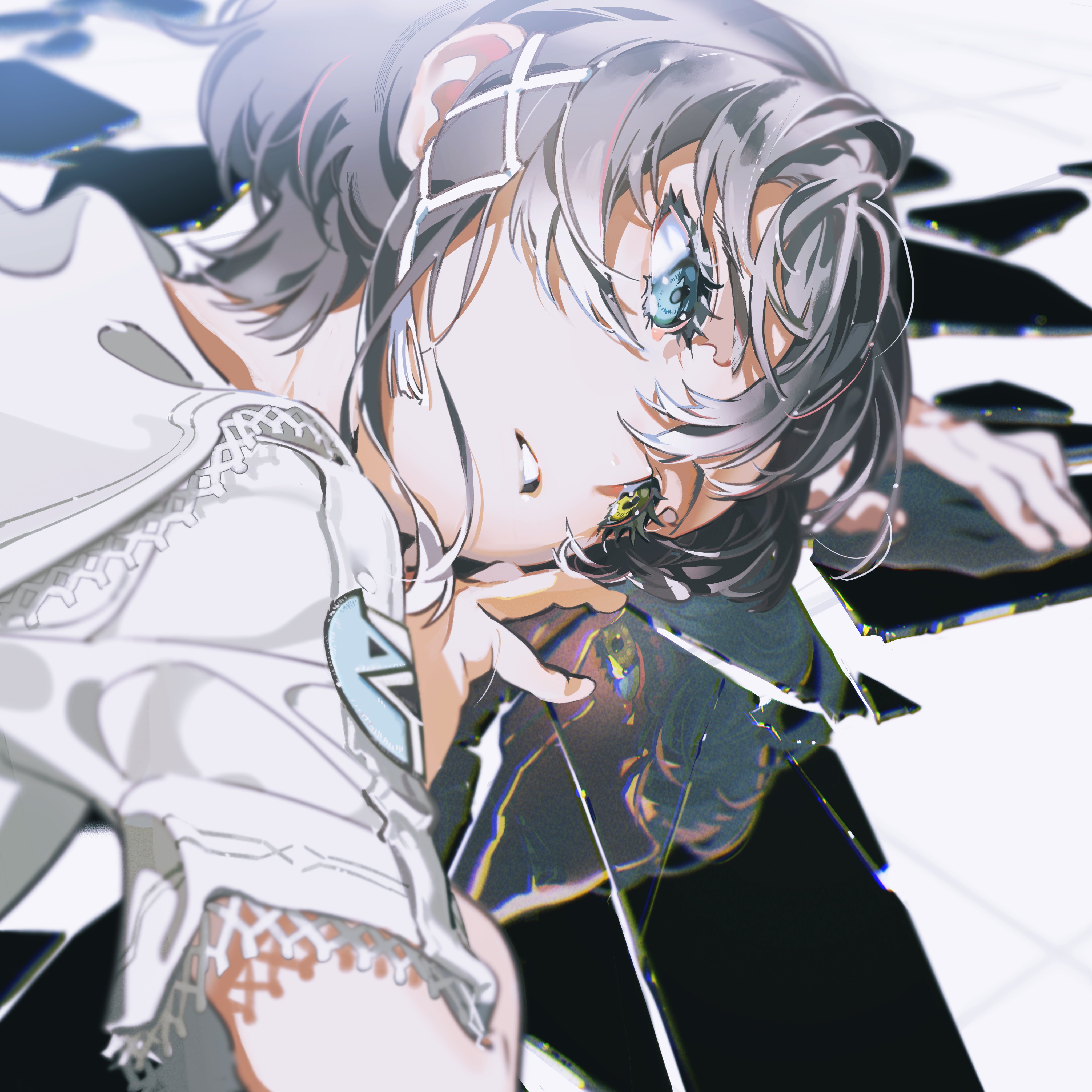 this is a digital illustration of an anime girl with white hair and blue eyes. she is looking down and appears to be sad. she is standing in front of a broken mirror, and her reflection is distorted. the background is black and white, which creates a stark contrast with the girl's bright colors. the girl's face is detailed, and her expression is one of sadness and despair.