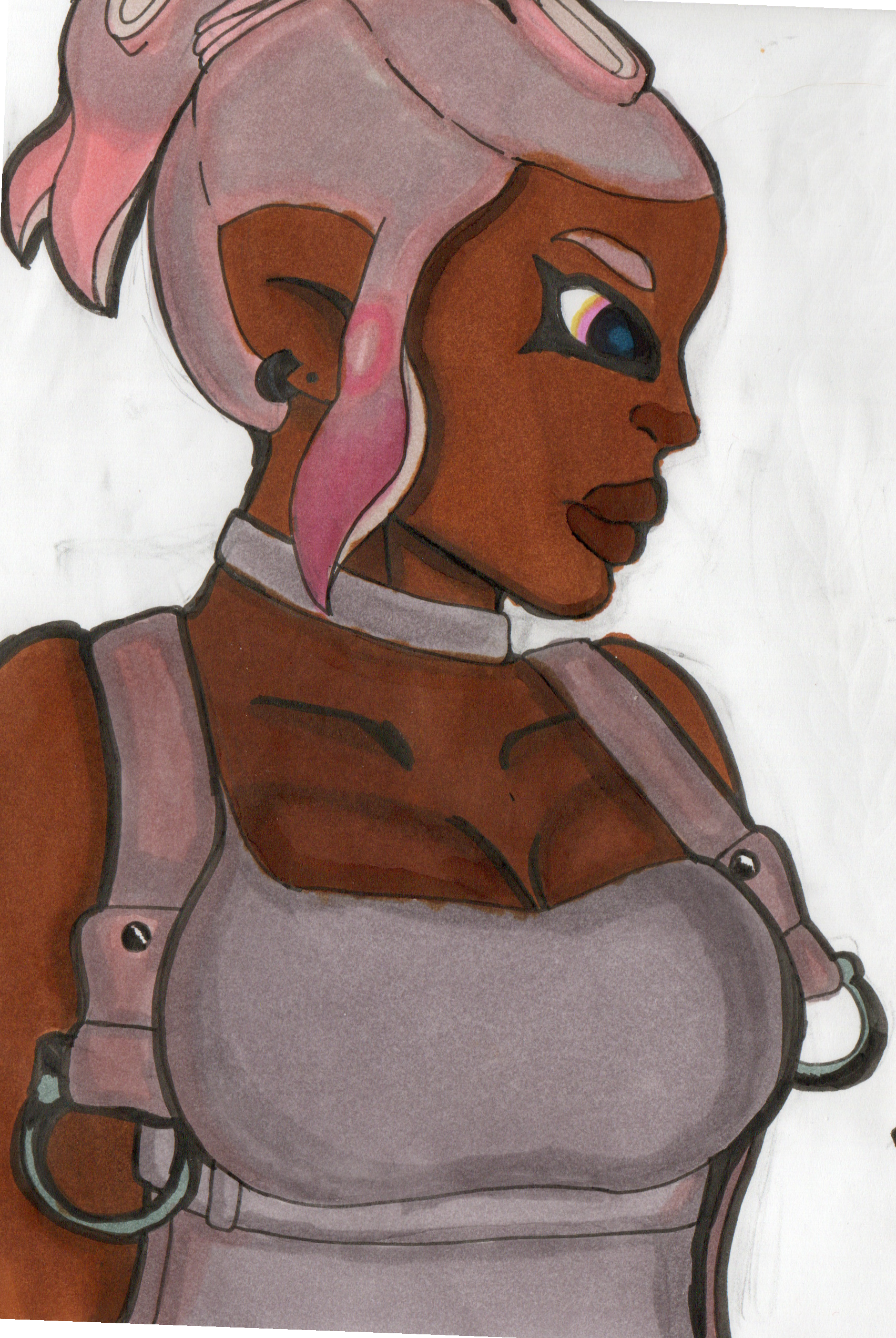 the image is a stylized ink and marker drawing of a female character. she has dark brown skin,  purple stylized hair with a pink undertone that is styled up and back, and is wearing goggles. her attire features a sleeveless grey or mauve top resembling overalls with straps and buckles in a steampunk or industrial style. she also sports a choker.  the character has a strong, confident pose, seen in profile view, her expression is serious and her gaze directed to the side. the art style is bold and graphic, with strong lines and shading, characteristic of comic book or fantasy illustration. the background is plain white, keeping the focus entirely on the character.