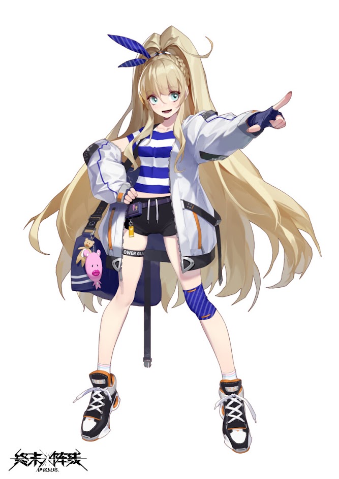 this is a digital illustration of an anime girl character with long blonde hair and blue eyes. she is wearing a white jacket, a blue and white striped shirt, black shorts, a blue knee brace, and orange and white sneakers. the girl is pointing to the right with her right hand. the background is white.