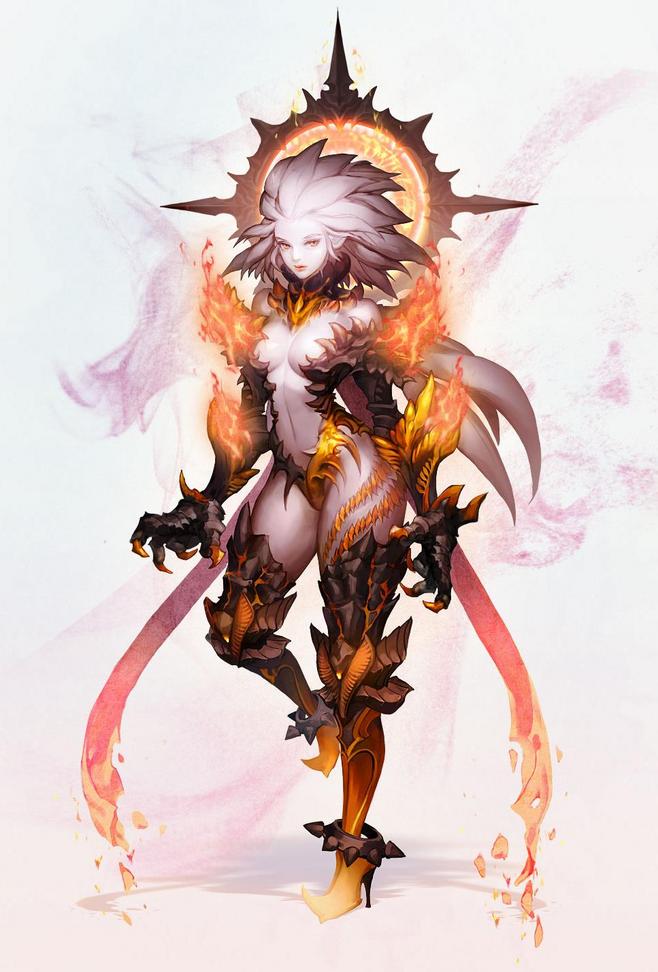 the image showcases a digital painting of a female warrior embodying fire. her pale skin contrasts against the fiery elements surrounding her. she wears ornate armor, adorned with spikes and glowing accents, suggesting both power and danger.  her white hair flows wildly, echoing the movement of the flames. the overall effect is visually striking and hints at a powerful being of fire.