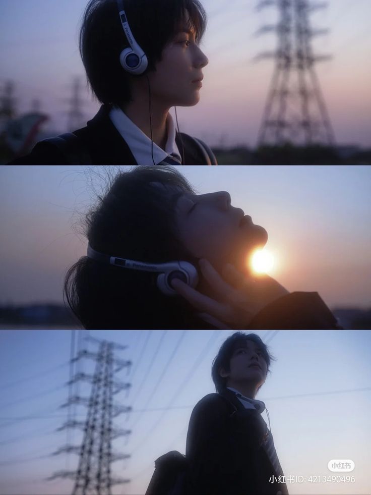 a threepart image collage showing a young boy in different poses. the first image shows the boy looking to his right, wearing headphones and a school uniform, against a backdrop of power pylons and a dusky sunset. the second image shows the boy lying on the ground, also with headphones, silhouetted against a bright sunset. the third image shows the boy standing and looking up, with the same setting in the background. the overall mood is melancholic and serene, highlighting the boy's contemplative state.