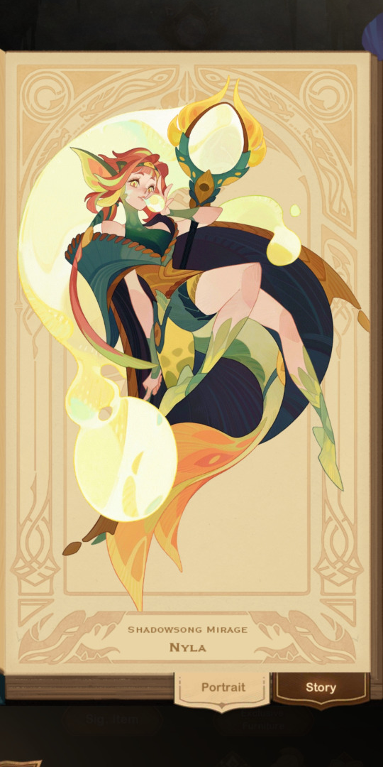 the image showcases a digital illustration of a female character, likely from a video game, named "nyl'a, shadowsong mirage". she is seated gracefully on an ornate chair, draped in flowing garments of green and gold, accented with bubbles of light. her pose is elegant and relaxed, one hand holding a round mirror adorned with a flamelike motif. the art style is reminiscent of fantasy illustrations, with a focus on decorative details and a soft, magical lighting. the color palette is warm and inviting, dominated by yellows, greens, and browns.  the entire scene is framed within a decorative border, adding to the overall feeling of an illustrated card.