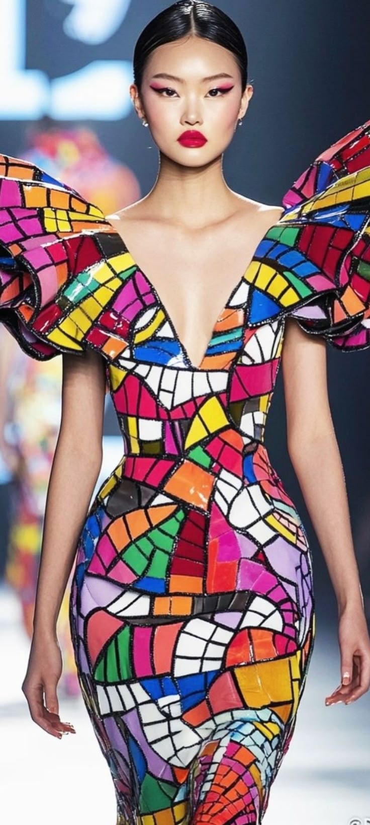 a woman is wearing a vibrant, formfitting mosaic dress on a runway. the dress features a vneckline and puffed shoulders with a colorful, patchwork design outlined in black. she is wearing bright red lipstick and has bold eye makeup. she is posing on the runway.