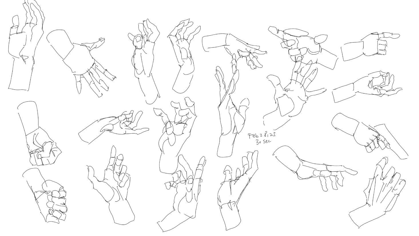the image is a collection of various hand sketches and drawings in line art style. there are multiple depictions of hands in different poses and gestures, covering a range of angles and perspectives. some hands are drawn with more focus on the skeletal structure, while others emphasize the outer contours and shapes. the drawings appear to be anatomical studies or gesture sketches, focusing on capturing the form and movement of the hand. they are presented in black and white with clean outlines. there's a date present in the middle right of the image, that says "feb 2 & 28, 2023 30 sec"
