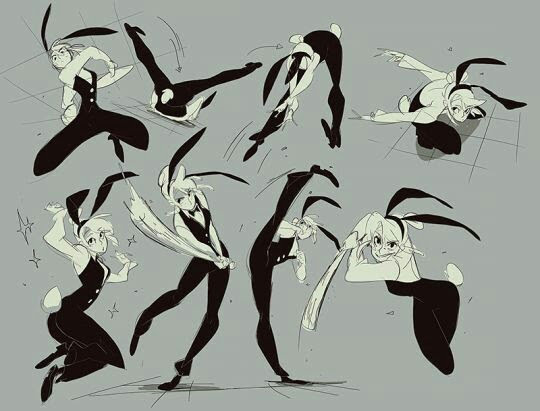 the illustration is a cartoon drawing of seven female anime characters. the girls are all wearing bunny ears and black and white outfits. each girl is drawn in a different pose and they are all engaging in dynamic and energetic actions. one girl has her arms raised and is holding a baseball bat. another is jumping through the air. the girls are all drawn in a fun and playful style with the bright and cheerful colors.