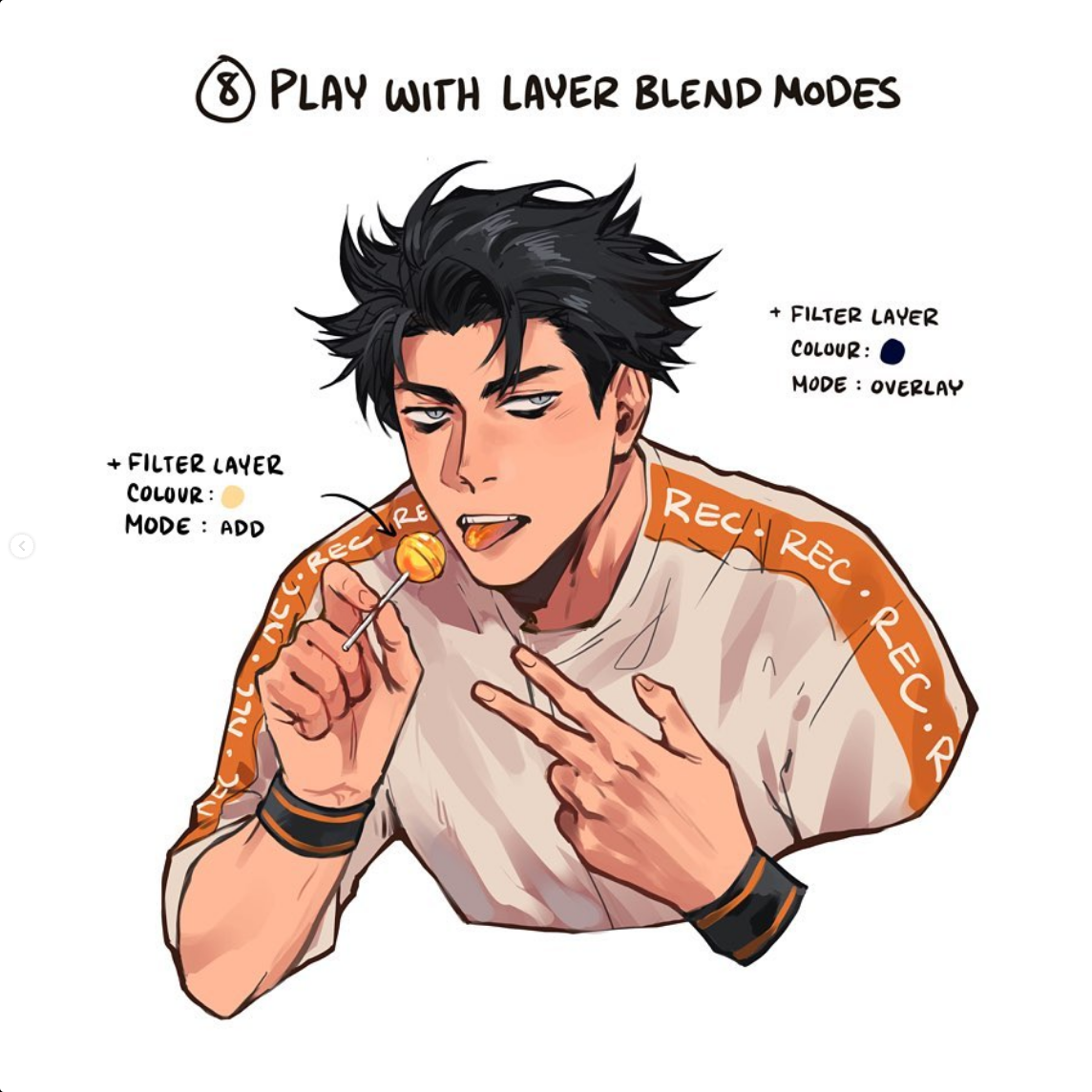 this image is a digital illustration of a young man with short, dark hair and a lollipop in his hand. he is wearing a white shirt with the word "recre" repeated on it. the illustration has a soft lighting effect and appears to be a tutorial or guide for digital art, specifically demonstrating the use of layer blend modes. two examples are shown: adding a filter layer with "add" mode and another with "overlay" mode.