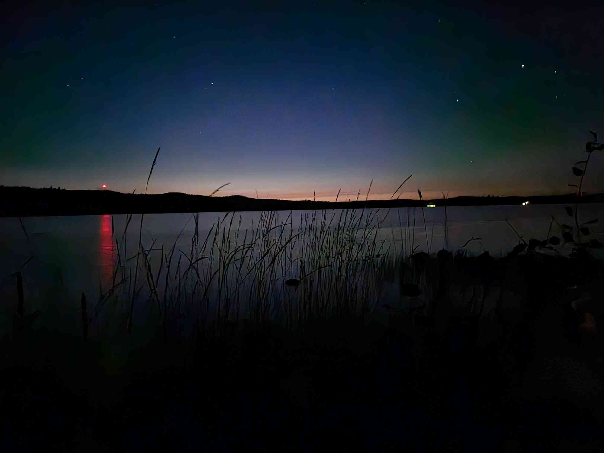 a dark and serene image captures a tranquil lake at night. the sky is a blend of dark blue and hints of green, speckled with stars. a thin band of orange glow marks the horizon where the sun has just set. the calm water reflects a light source creating a red line, which stands out from the darkness. tall reeds and some plants are present in the foreground, silhouetted against the backdrop of the water and sky. the overall mood is peaceful and slightly mysterious, indicative of a natural environment at night.