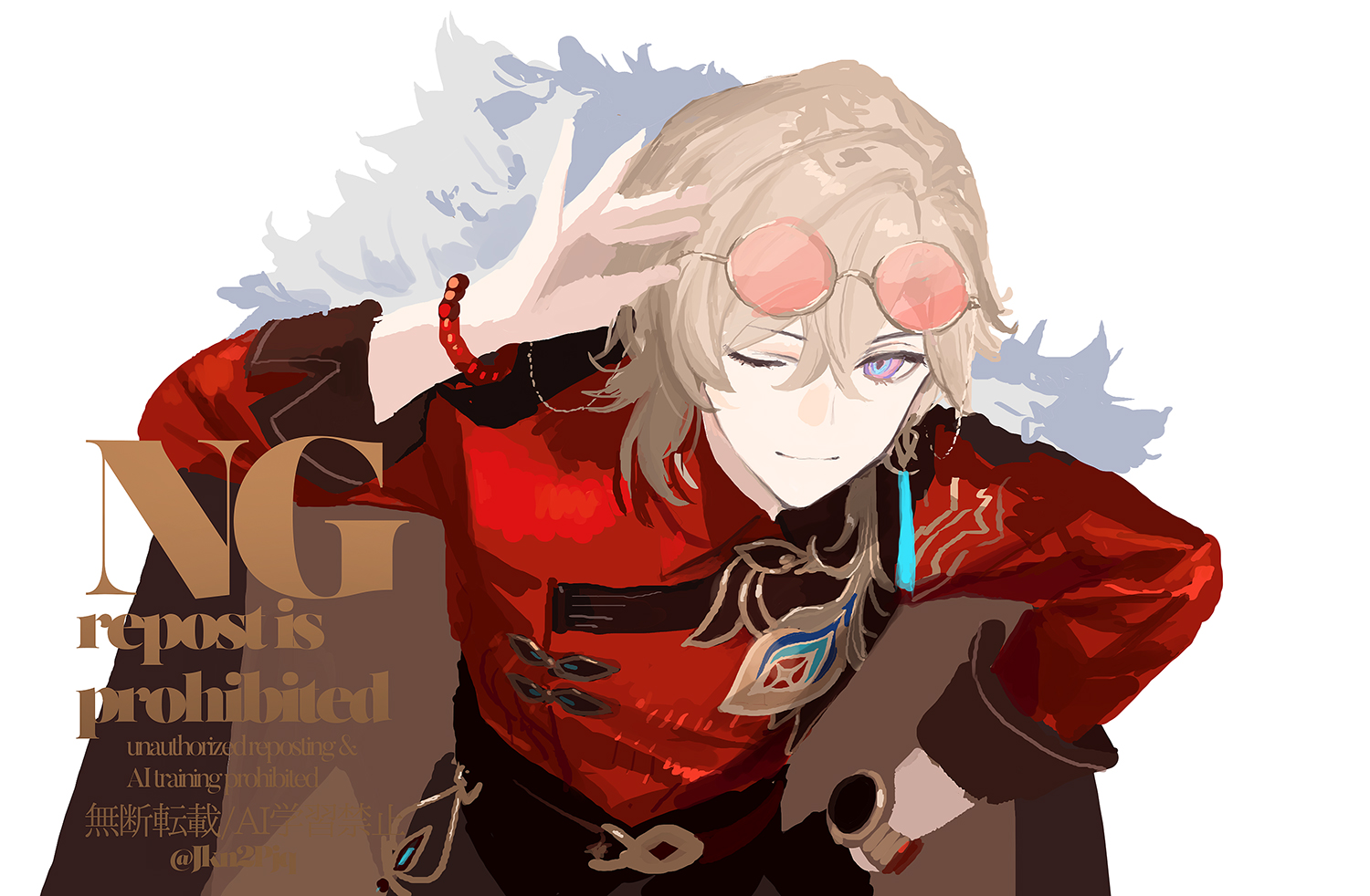 a digital fanart depicting xiao from genshin impact.  he is portrayed in a stylish red and black outfit with a blond hairstyle, wearing round pink sunglasses, and a confident expression. the art style is painterly and stylized, with a focus on bold colors and clean lines. the image is accompanied by text that clearly states "ng repost is prohibited," indicating copyright restrictions.  the overall tone is elegant and somewhat mischievous.