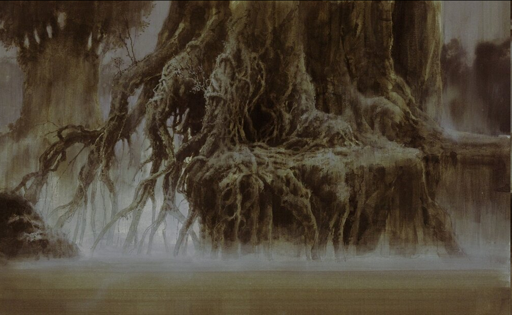 the image shows a large, gnarled tree trunk with massive, exposed roots that reach down to a murky body of water. mist hangs heavy in the air, obscuring the background and creating a sense of depth and mystery. the lighting is soft and diffused, casting the scene in a somber and ethereal mood.