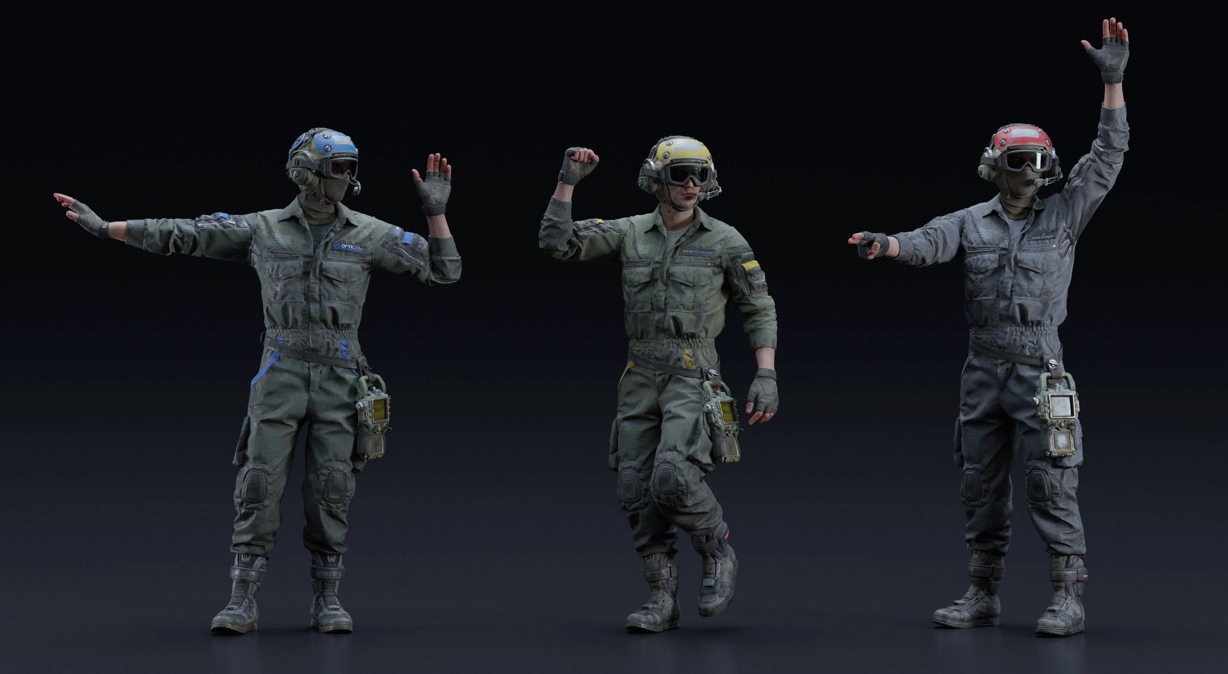 the image contains a 3d render of three soldiers in different poses. they are wearing tactical jumpsuits, helmets, and goggles. one soldier is waving, one is posing with a fist in the air, and one is raising one hand. the soldiers have different colored helmets: one blue, one yellow, and one red. they are standing against a dark background, and the overall image gives a sense of action and readiness.