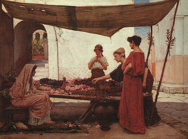 a painting by lawrence almatadema depicts a flower market scene in ancient rome or greece. a woman in a pink toga sits at a stall covered in pink and red roses. another woman, likely the vendor, stands behind the stall. two other women, dressed in classical robes, are browsing the flowers. the market is held under an awning supported by wooden posts. the architecture includes arches and white walls, suggesting a classical setting. a vase sits in front of the table, near the center of the frame. the ground is stone.