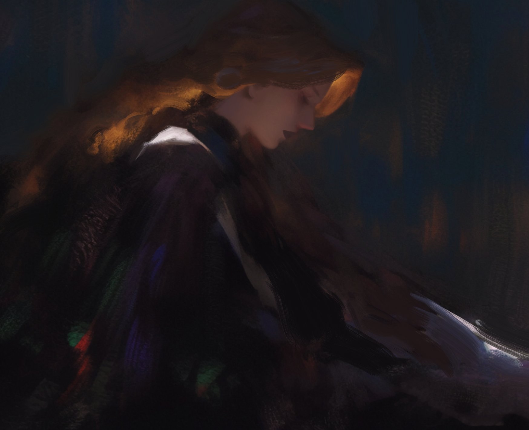 a digital painting of a woman with long blonde hair, wearing a black dress, looking down with her eyes closed. the background is dark blue with some light coming from the right side of the image. the woman's face is partially obscured by her hair. the painting is done in a painterly style with soft brushstrokes. the mood of the painting is somber and introspective.