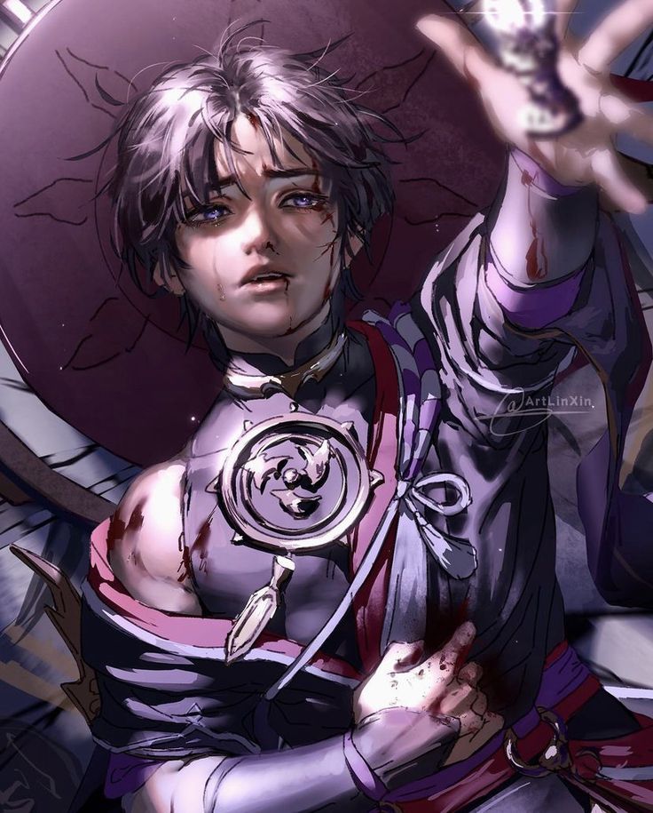 this is a digital drawing of a young, injured man with tears running down his face. he's holding a circular, metallic object in his right hand.  his expression is one of great sorrow and pain. he's wearing an elaborate dark purple and gray outfit accented with silver details.  the background is dark, and there's a bright light source in the upper right corner, creating a dramatic chiaroscuro effect.