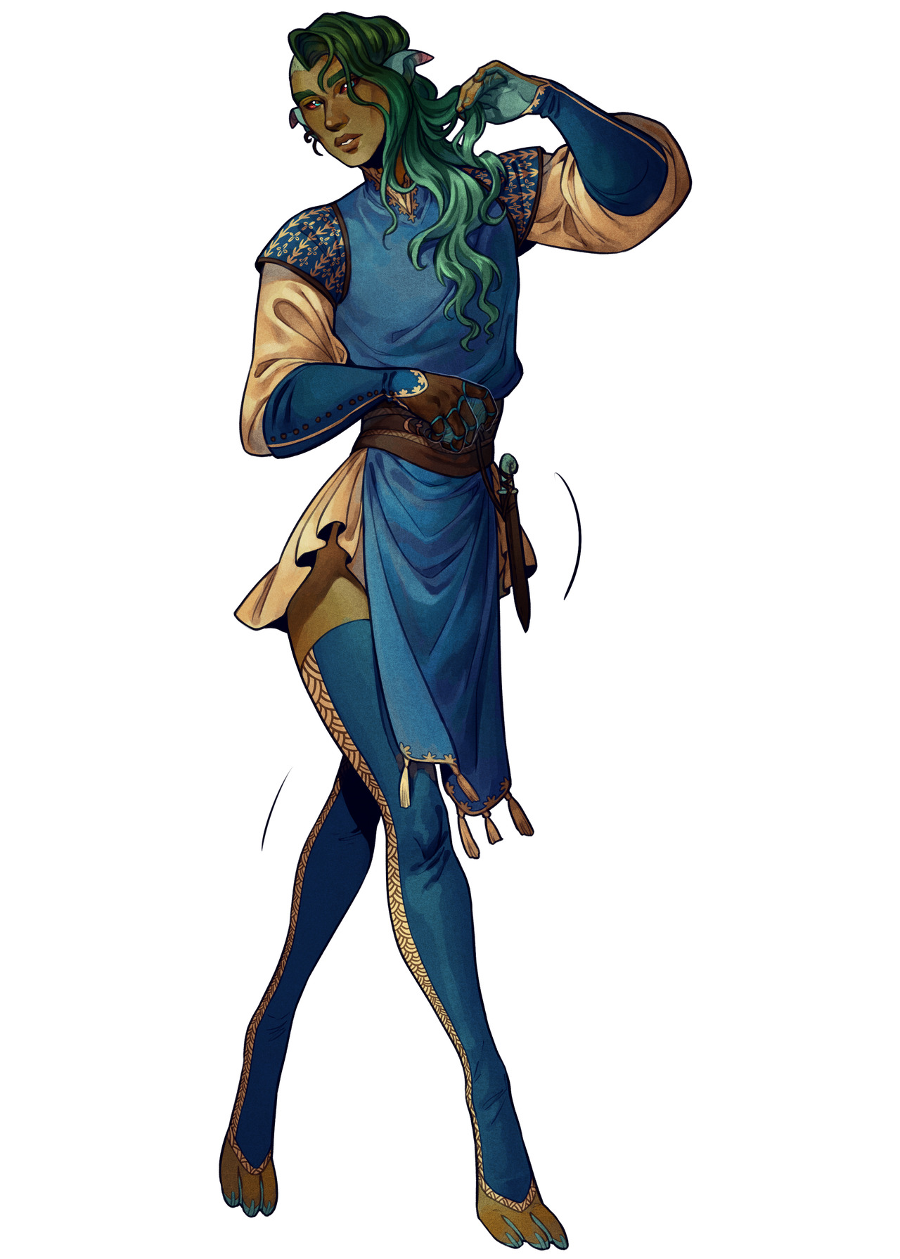 a greenskinned elf with long, flowing green hair stands against a white background. they are dressed in a blue tunic over cream sleeves and blue leggings with gold accents.  the elf is barefoot and has a playful expression, adjusting their hair with one hand. they have a dagger sheathed at their hip. the overall aesthetic is inspired by fantasy and roleplaying games.