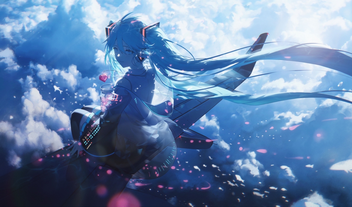 the image depicts an animestyle illustration of hatsune miku, a virtual singer, with her signature long blue hair and headphones. she is sitting on the wing of an airplane against a backdrop of fluffy white clouds and a bright blue sky. pink petals are scattered around the scene, adding a whimsical touch. she is holding a jar filled with liquid or beverage, and there is a keyboard positioned in front of her.