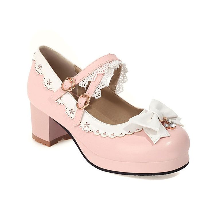 a side view of a pink platform mary jane shoe with a chunky block heel, white scalloped trim, a white bow, and two buckled straps.