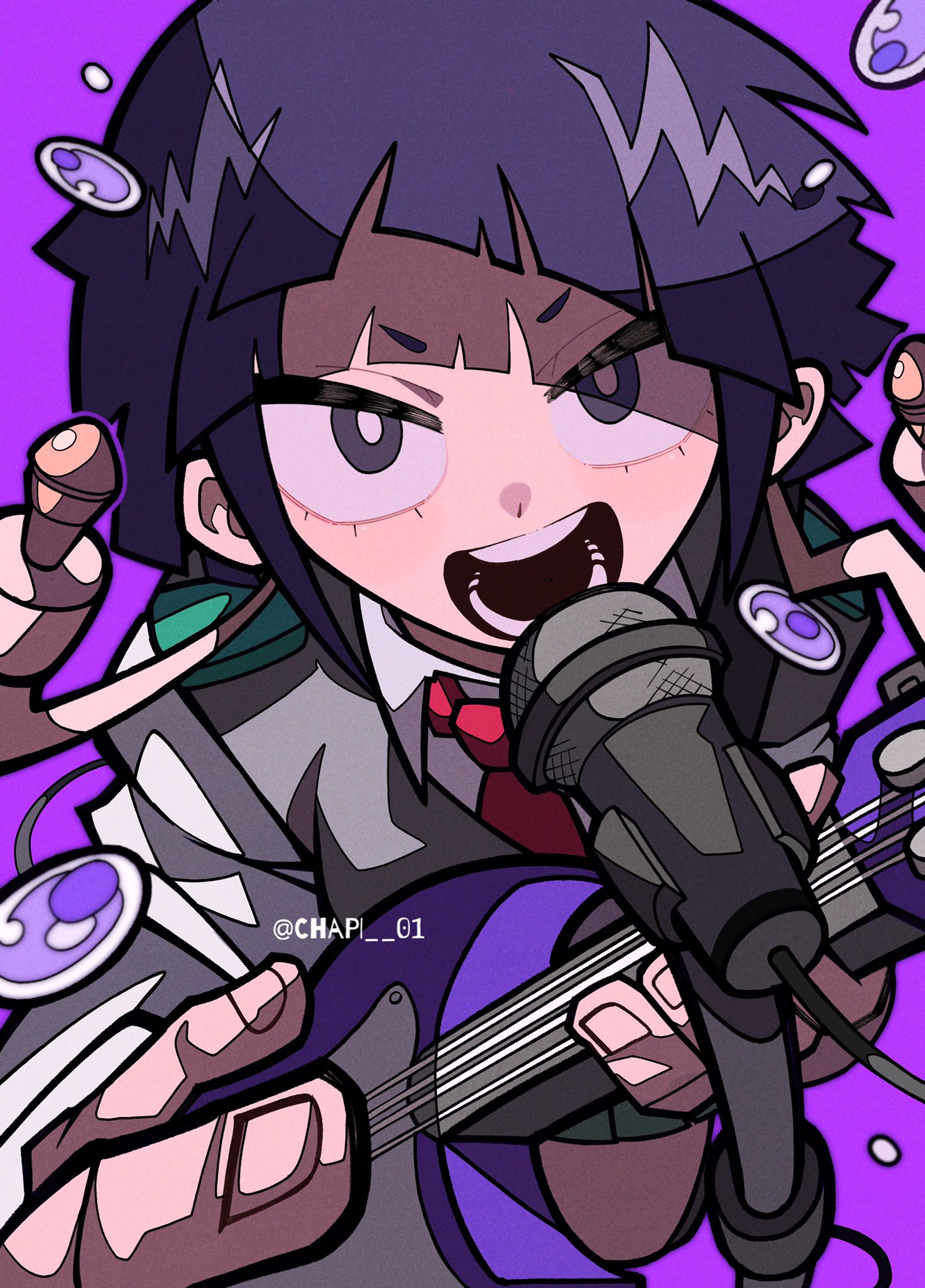 an anime girl with dark purple hair sings into a microphone, looking very enthusiastic. she is wearing a white shirt with a black vest, a red tie, and a dark purple guitar. there are blue, purple and green highlights around her, and a faint purple background.