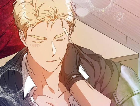 the illustration showcases a closeup of a young, fairskinned man.  he has tousled blonde hair and vibrant blue eyes, enhanced by the artistic style. his face, bearing a look of flushed contentment, suggests a romantic encounter. he is dressed in a dark, possibly militaryinspired, uniform with hints of metallic armor detailing. the presence of sparkling lights and the soft color palette further emphasizes the romantic ambiance of the scene.