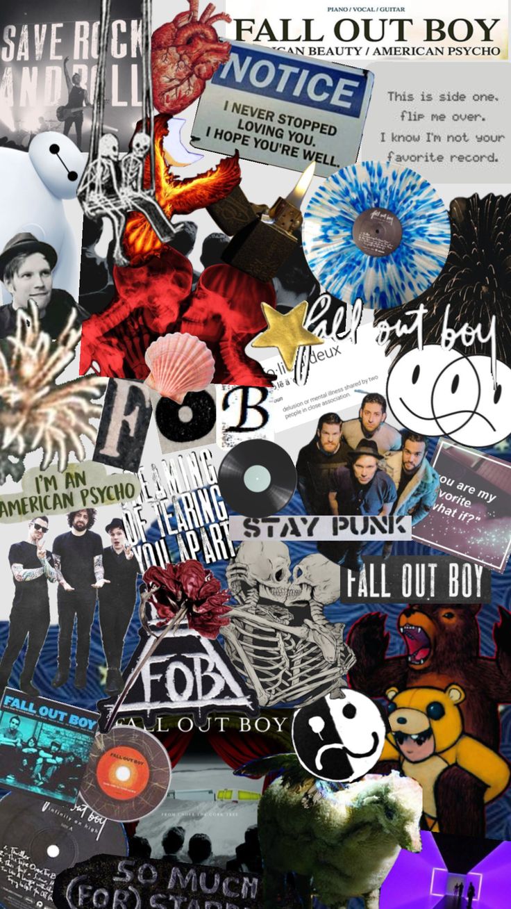 this image is a collage of various images related to the band fall out boy. it includes band member photos, lyrics from their songs, album covers, and other related imagery. the overall aesthetic is a mix of punk, emo, and pop punk styles, reflecting the band's musical genre.