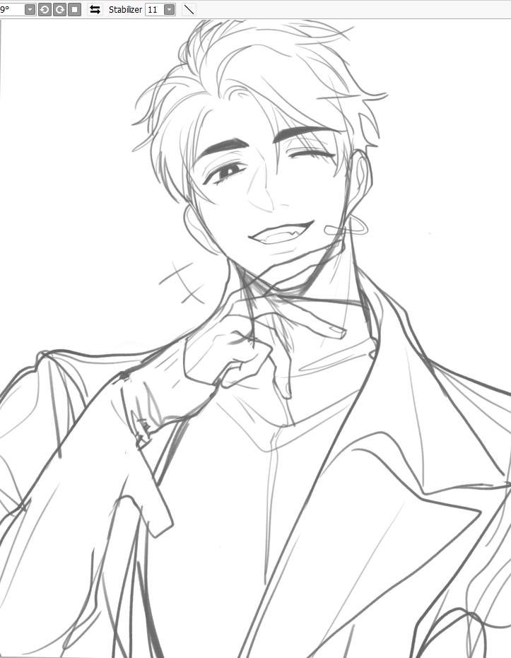 a black and white line drawing of a young man with his right hand up to his chest, he is wearing a jacket with a pointed collar and is smiling. the drawing style is in a manga style.