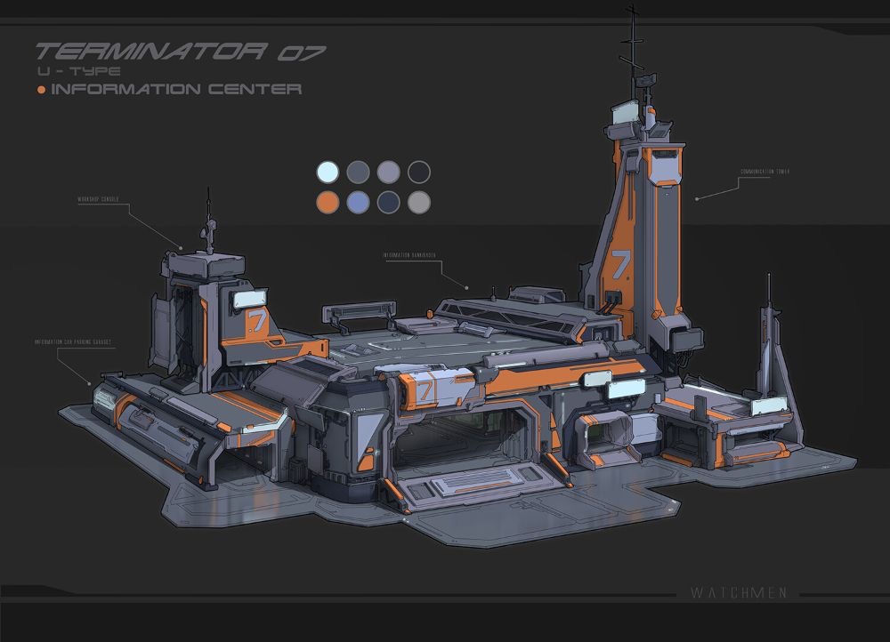 this is a concept art of a futuristic information center, labeled "terminator 07, utype," with a predominantly gray and orange color scheme. the structure has multiple levels, towers, and a large open area in the center. the image also includes annotations for different parts of the building.