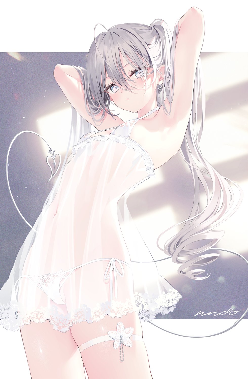 the image is a digital illustration of an anime girl with long, silverywhite hair styled in two ponytails.  she's wearing a delicate, sheer white lingerie dress with lace trim and a matching garter belt adorned with a small flower accessory.  her pose is graceful and suggestive, her arms raised behind her head. the overall style is soft, pastel, and suggestive of innocence and sensuality. the background is a muted, light gray and purple with subtle lighting effects that highlight the girl's form. the artist's signature is visible in the lower right corner.