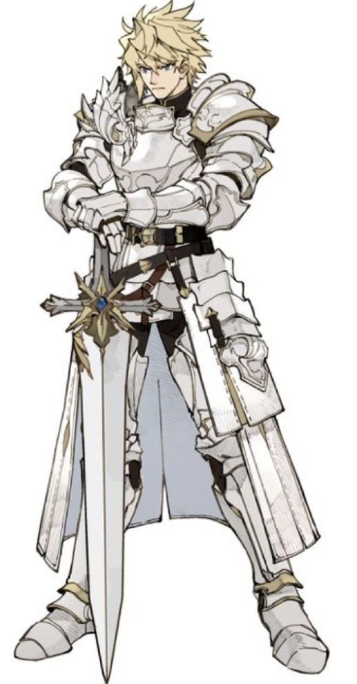 the image is a detailed artwork depicting a male knight in shining white full plate armor. he has blond, spiky hair and a serious expression. the knight stands in a slightly angled pose, holding a large, ornate sword with a crossshaped guard. his armor is intricately designed with golden accents, and his attire also includes a flowing, lightgrey robe. the style is reminiscent of fantasy art or video game character design, with a blend of anime and manga influences. the overall image is clean and wellrendered, focusing on the knight's imposing figure and his weaponry.
