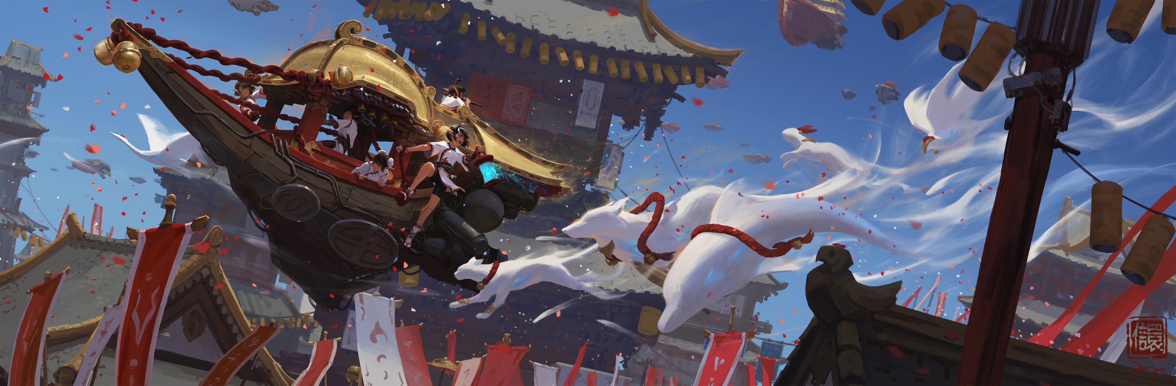 the image is a vibrant digital painting depicting a fantastical scene. a steampunkinspired flying ship, adorned with gold and traditional asian architectural elements, soars through the air above a city celebrating a festival.  the ship is carrying several passengers dressed in kimonos.  large, ethereal white fox spirits, reminiscent of japanese yokai (kitsune), are also flying nearby, seemingly pulling or accompanying the vessel. rosecolored petals and red banners flutter in the wind, adding to the celebratory atmosphere. the architectural style blends elements suggestive of both japanese and chinese design, contributing to the overall fantastical feel. the artwork is highly detailed and features a whimsical, dynamic composition.
