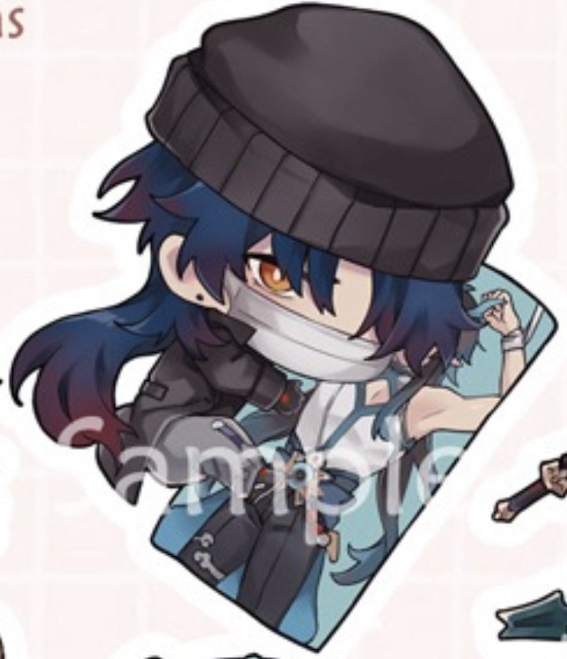 a chibi illustration of kaeya alberich from the popular video game genshin impact. he is wearing his signature black hat and outfit, and is holding a sword. the illustration is in a cute cartoon style.