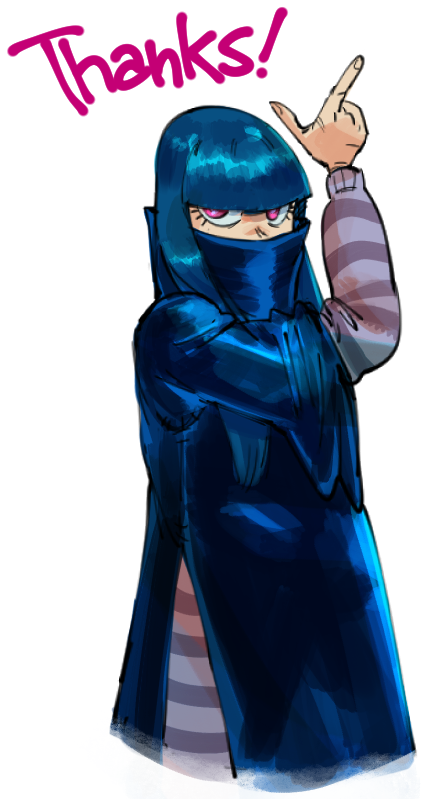 a cartoon anime girl is giving a thumbs up with a big smile on her face and a thank you written above. she is wearing a long blue coat with a black hood. she is also wearing gloves that have stripes.