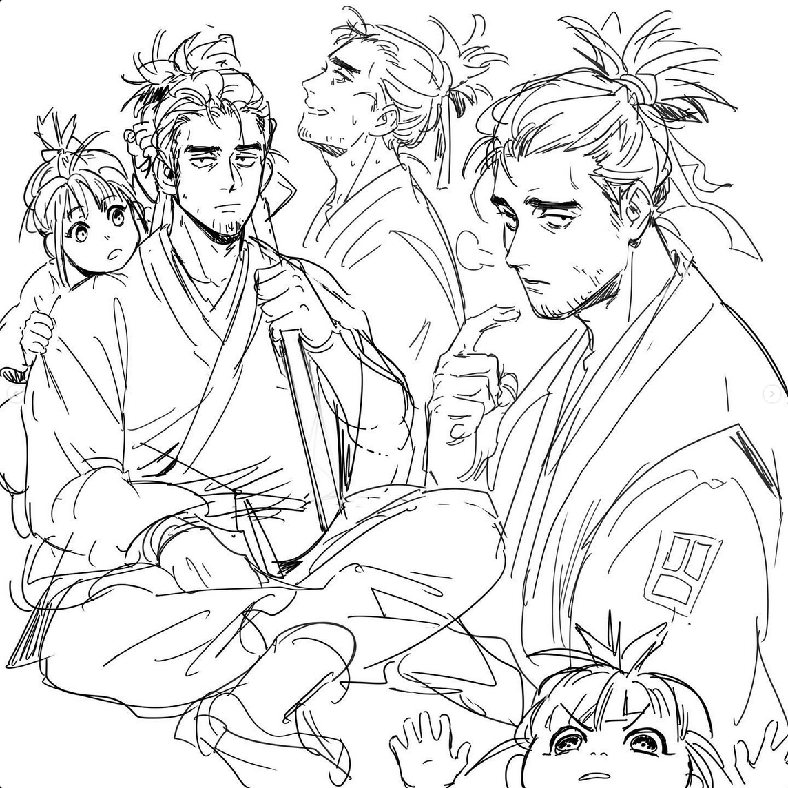 this black and white sketch page explores different angles and expressions of a samurai character. he's depicted with his young daughter, highlighting a softer side to the often stoic warrior archetype. the artist focuses on line work to convey emotion and details, offering a glimpse into the character's personality and relationship with his child.  the page acts as a character study, vital for artists developing visual stories.
