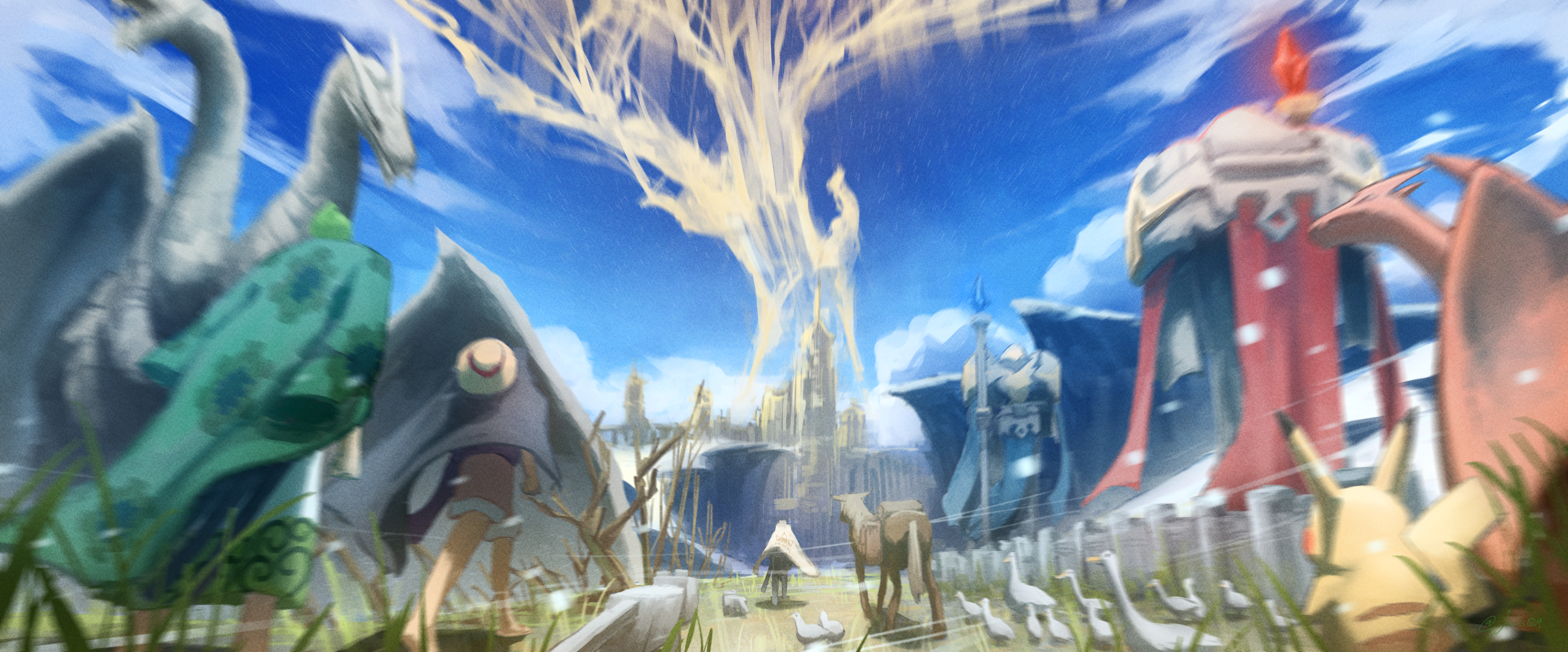 this is a fantasy illustration of a group of travelers heading towards a majestic tree in the distance. the tree appears to be the source of a powerful, golden light, illuminating the surrounding landscape.  the scene is populated by stylized statues, possibly guardians, and a variety of animals.  the architecture and overall aesthetic suggest a fantastical world.