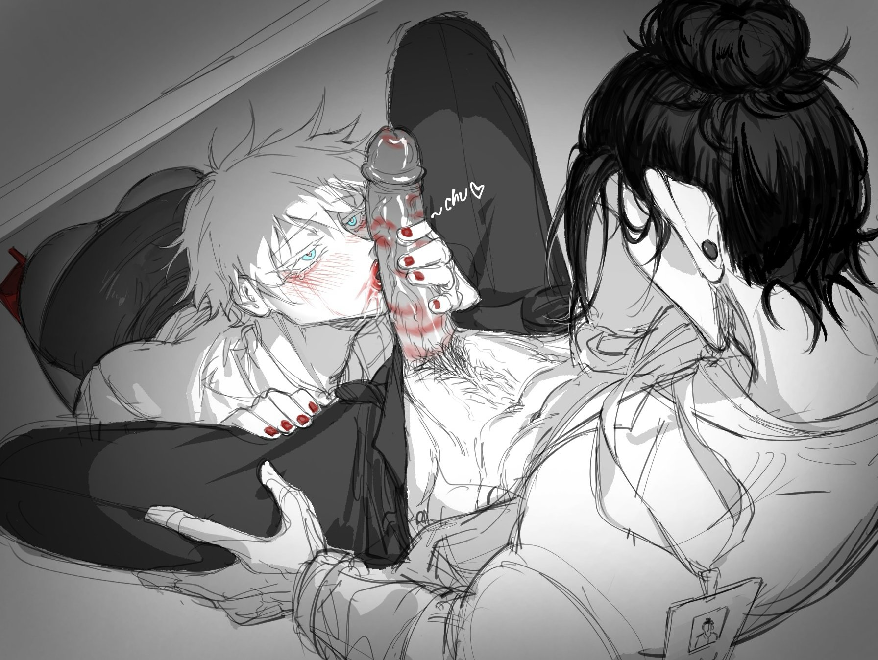 the image depicts a suggestive scene between two men, drawn in a style reminiscent of manga or anime. it's a grayscale sketch with some red accents, appearing to be a rough or unfinished piece. the artwork is sexually explicit; one man is performing oral sex on the other.  the style is dark and intimate, with a focus on the figures' bodies and expressions.  the background is relatively simple, suggesting a private setting.  the overall mood is intense and passionate.